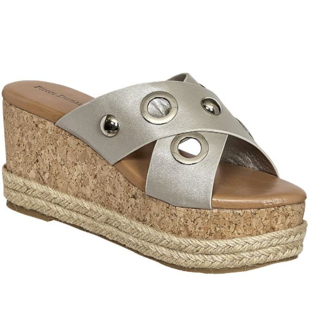 NWB Pierre Dumas Bettina Silver Cork Wedge Sandals